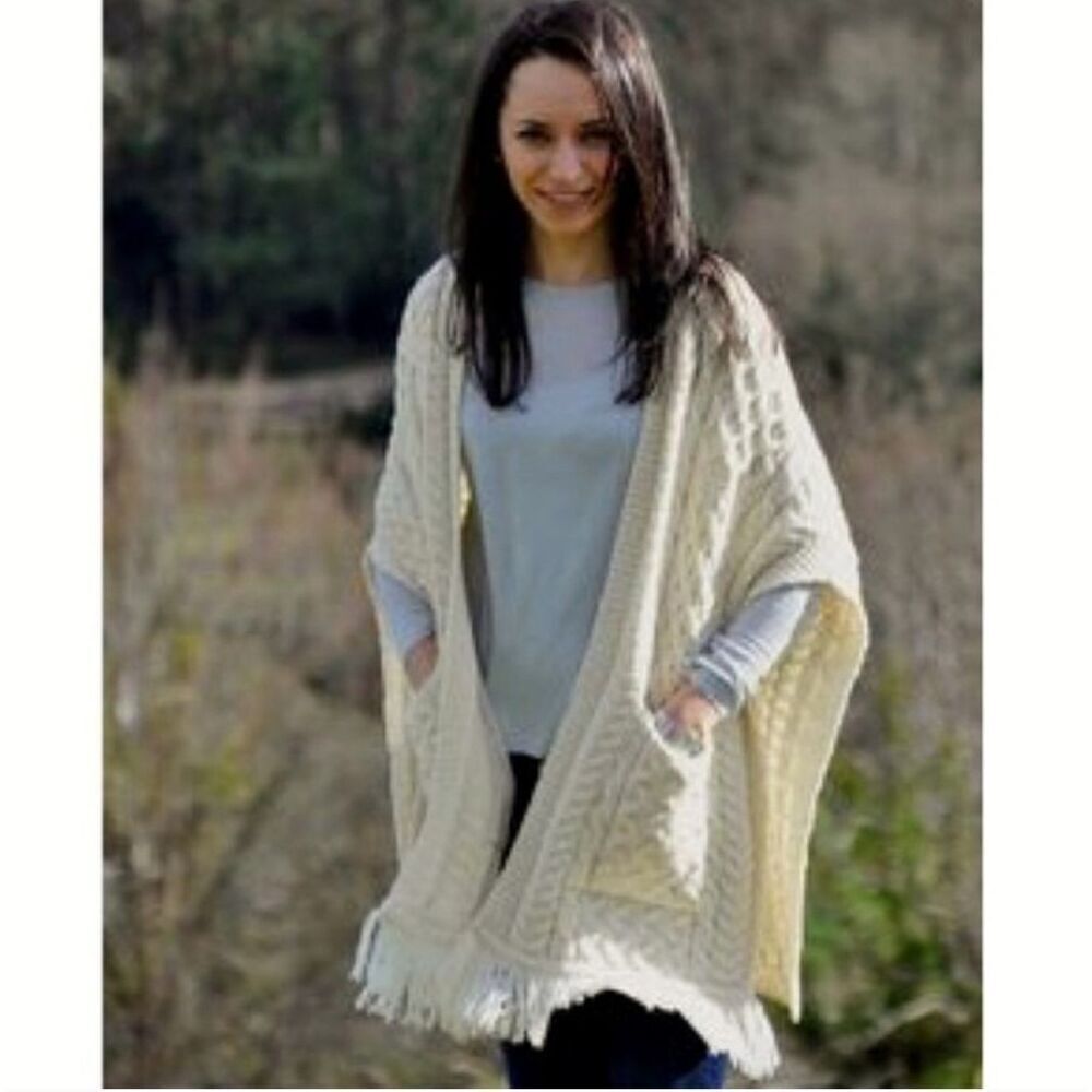 Inis Crafts Merino Wool Cream Aran Scarf Poncho With Fringe